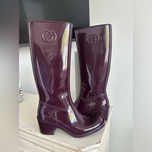 GUCCI GG Wine Red HIGH RAIN BOOTS SIZE 38 - Picture 1 of 16